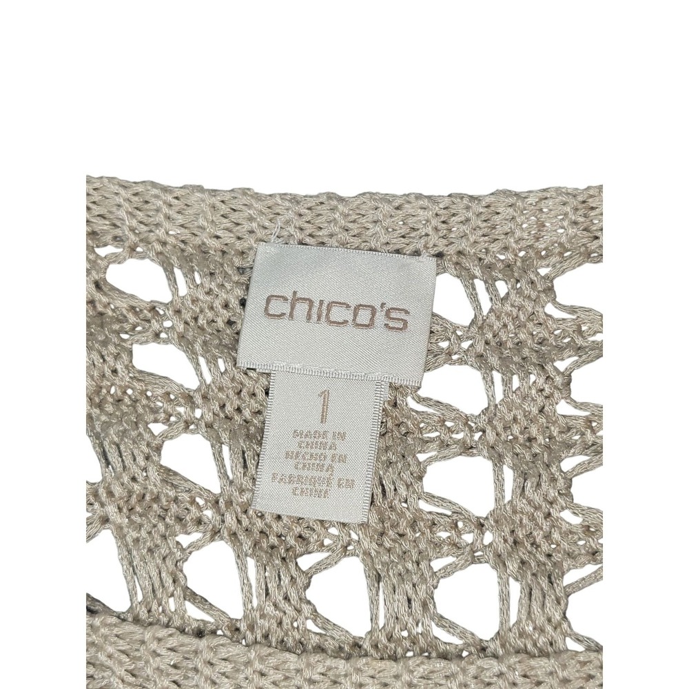 Chico's Open Knit Sweater Sz 1 Cold Shoulder Tassel Boho Hipster Summer Top Boho - Picture 3 of 8